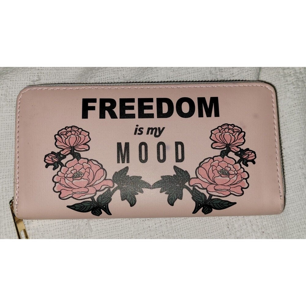 Pink Zip Around Wallet Faux Leather Card Slots Pockets Freedom is my Mood Floral